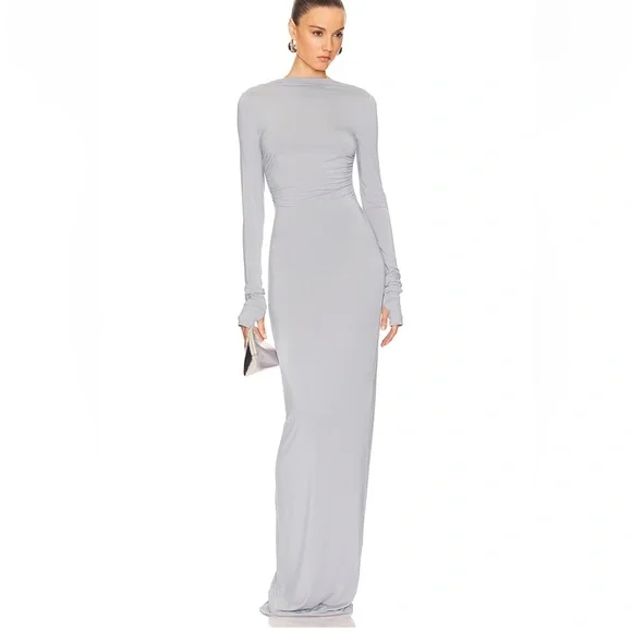chinese dress ladies Helsa Draped Neck Cupro Viscose Stretch Long Sleeve Dress in Crimson P   OnceWas